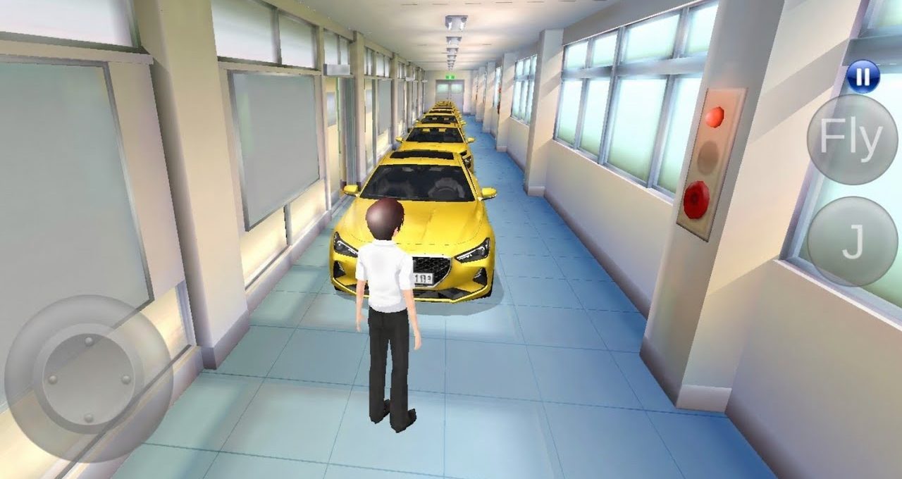 Student avatar standing before a line of yellow cars parked down a school hallway