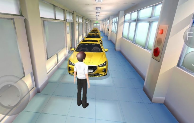 Student avatar standing before a line of yellow cars parked down a school hallway