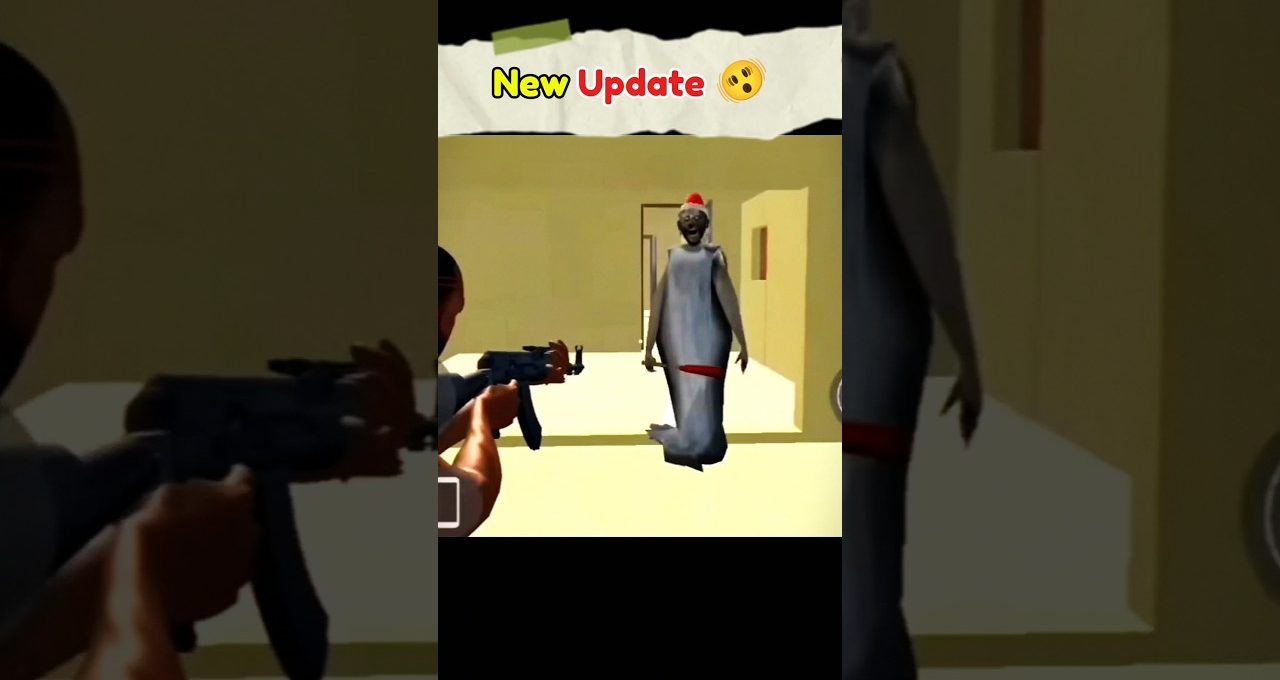 Player aiming rifle at a robed, eerie character walking down a hallway, game UI visible