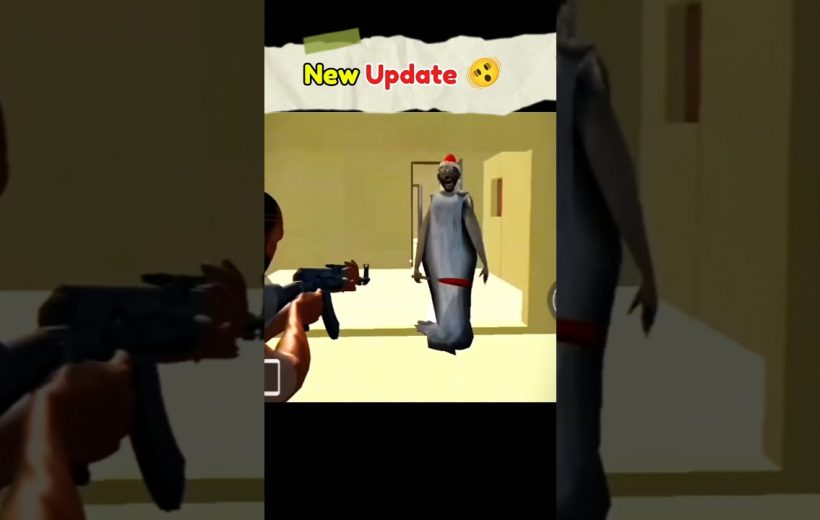 Player aiming rifle at a robed, eerie character walking down a hallway, game UI visible