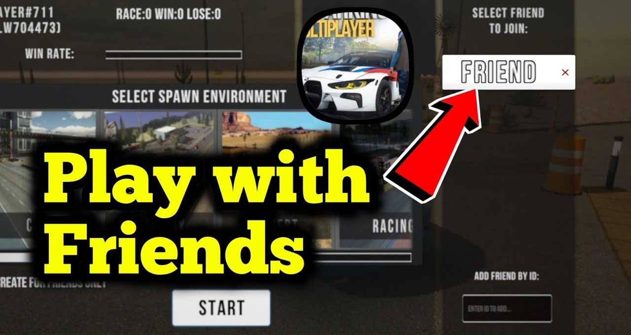 Game menu screen showing "Play with Friends" text and arrow pointing to friend selection