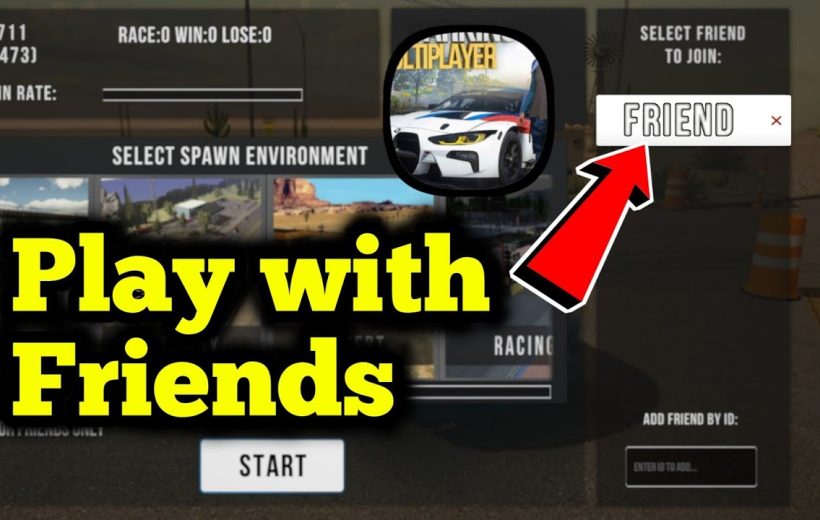 Game menu screen showing "Play with Friends" text and arrow pointing to friend selection