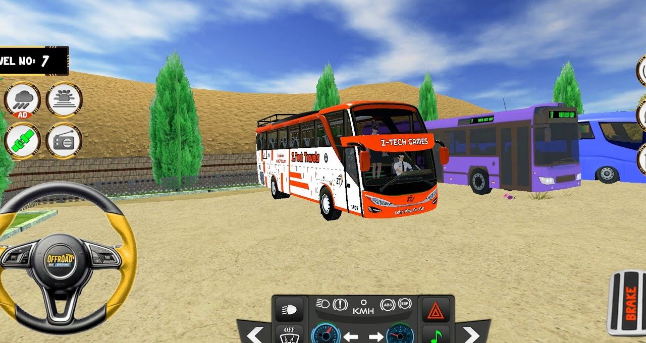 Orange and white tour bus parked beside purple buses in a desert bus lot