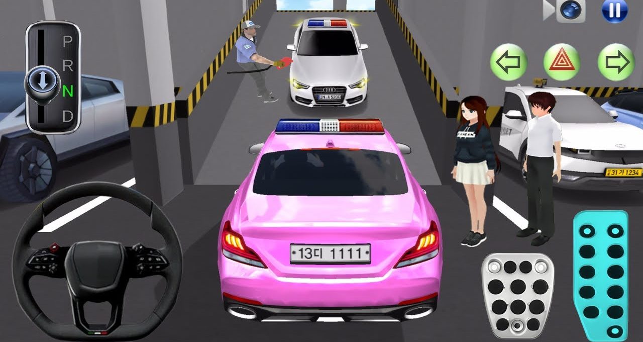 Pink police car in a parking garage with pedestrians, another police car and controls