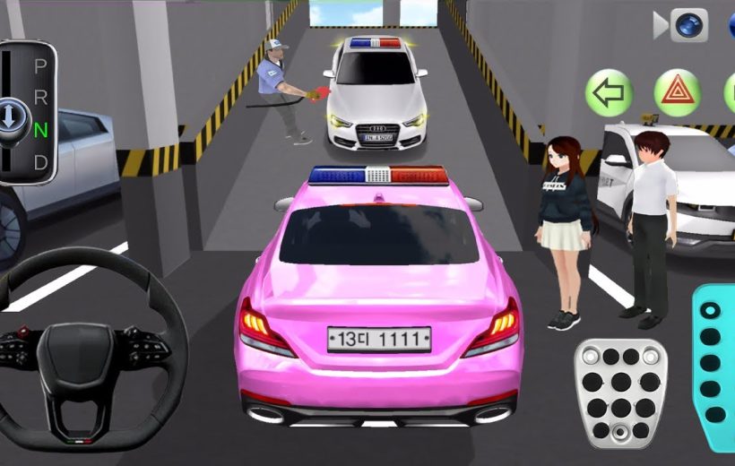 Pink police car in a parking garage with pedestrians, another police car and controls