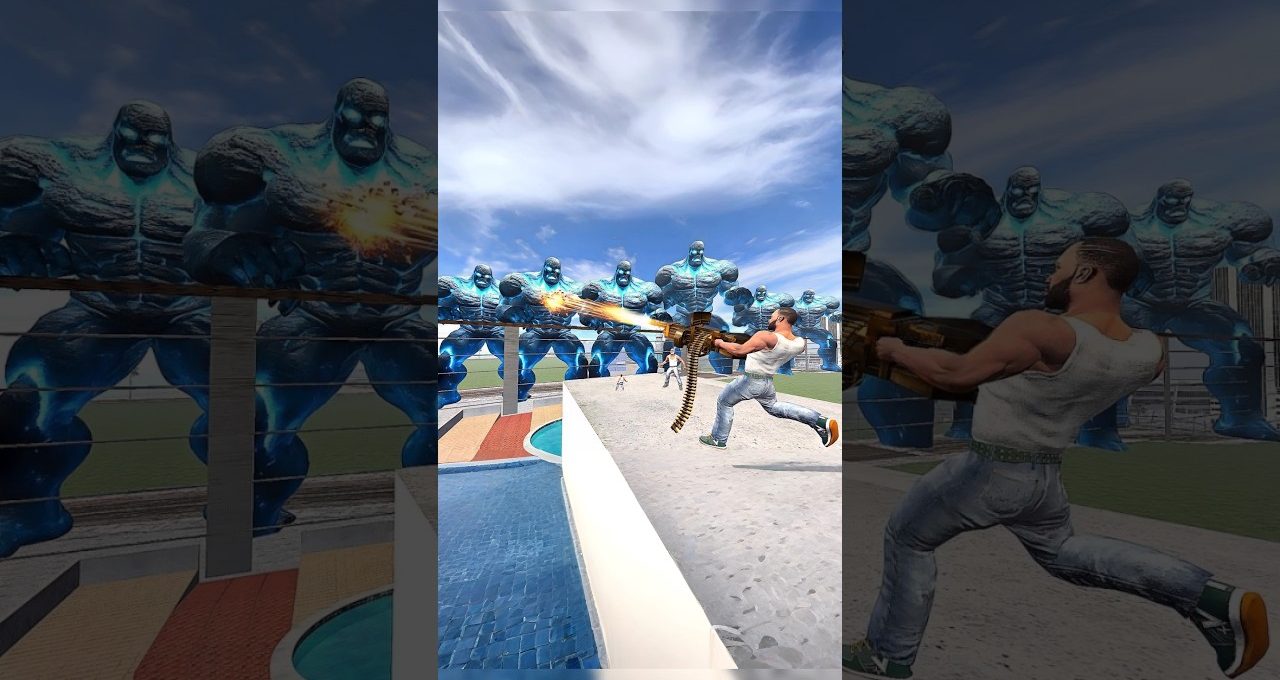 Man firing a heavy machine gun at rows of identical blue muscular robot enemies.