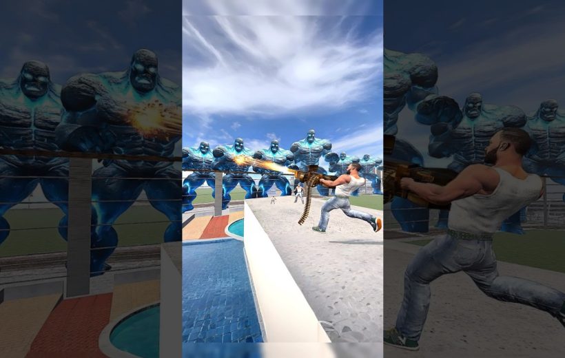 Man firing a heavy machine gun at rows of identical blue muscular robot enemies.