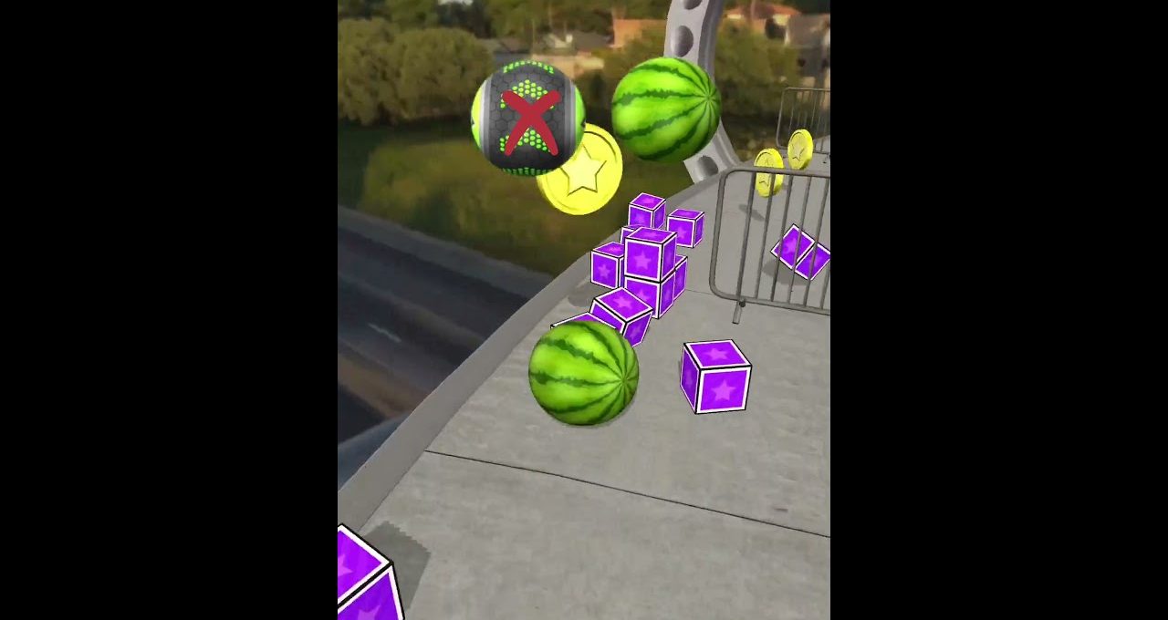Augmented reality scene with floating watermelons, purple star cubes, and gold coins on bridge