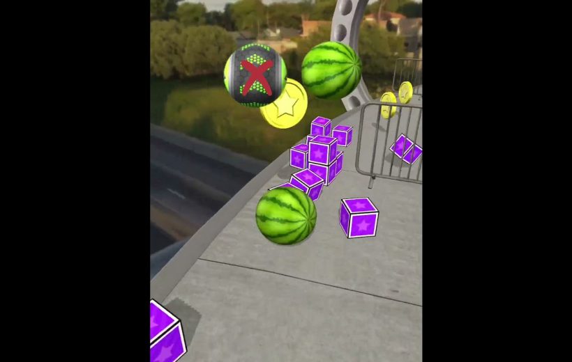 Augmented reality scene with floating watermelons, purple star cubes, and gold coins on bridge