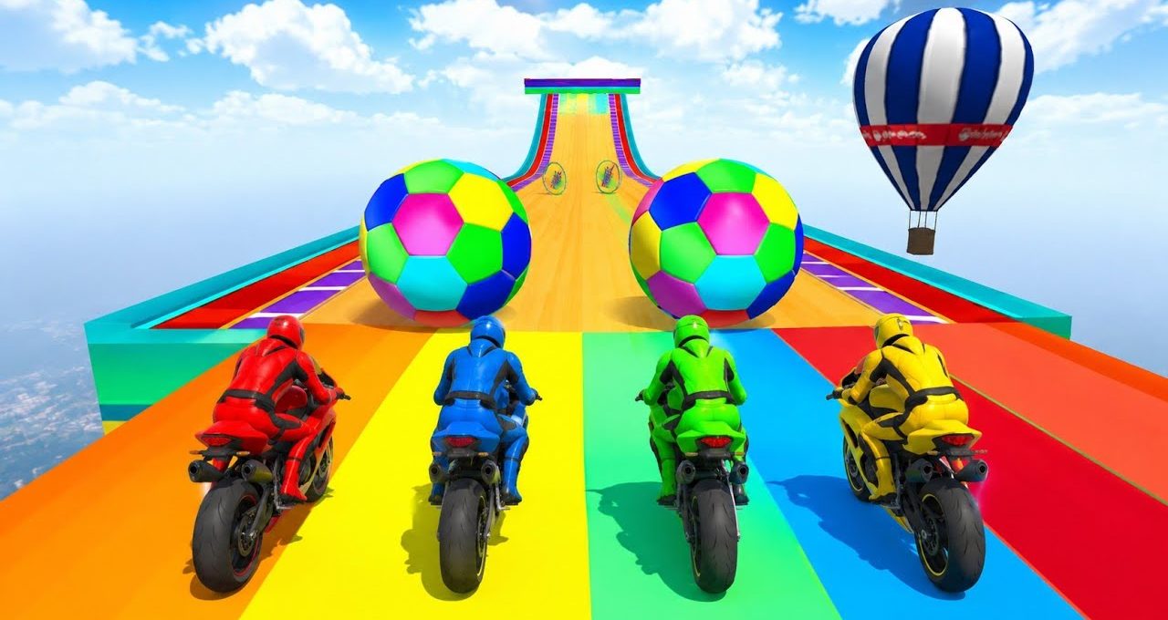 Four colorful motorcyclists racing up a rainbow track toward giant multicolored balls