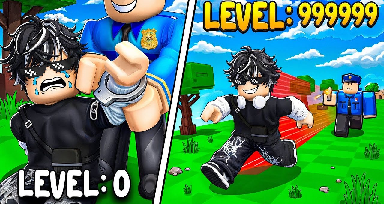 Split cartoon scene showing a Roblox avatar arrested at level 0 and escaping at level 999999