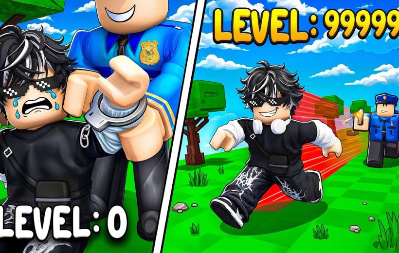 Split cartoon scene showing a Roblox avatar arrested at level 0 and escaping at level 999999