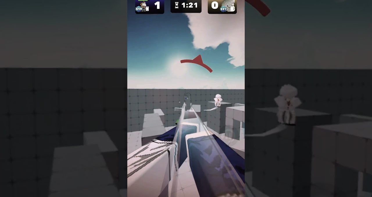 First-person view aiming a futuristic bow across a blocky platform arena with timer