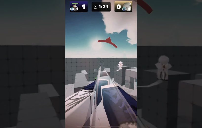 First-person view aiming a futuristic bow across a blocky platform arena with timer