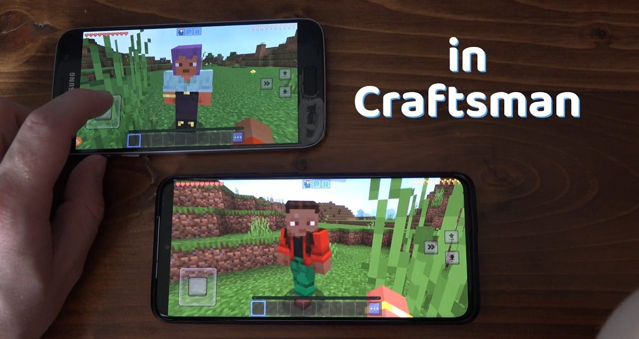 Two smartphones on a table showing Minecraft characters in a grassy game world.