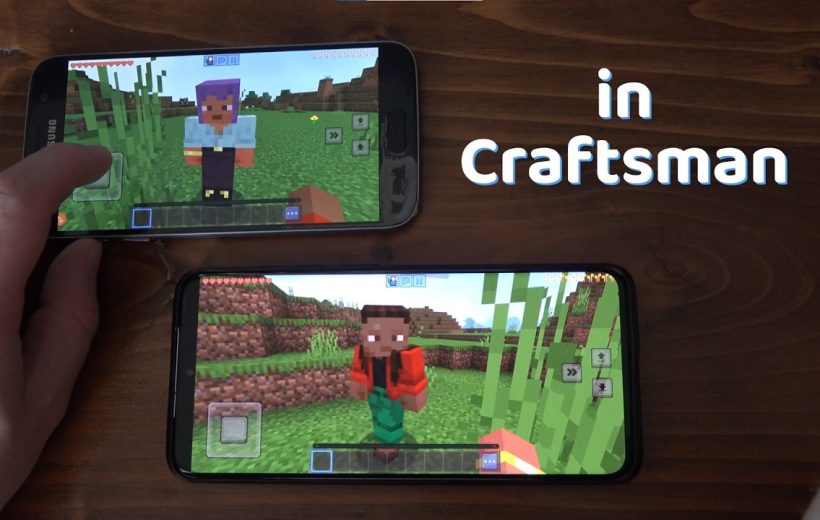 Two smartphones on a table showing Minecraft characters in a grassy game world.