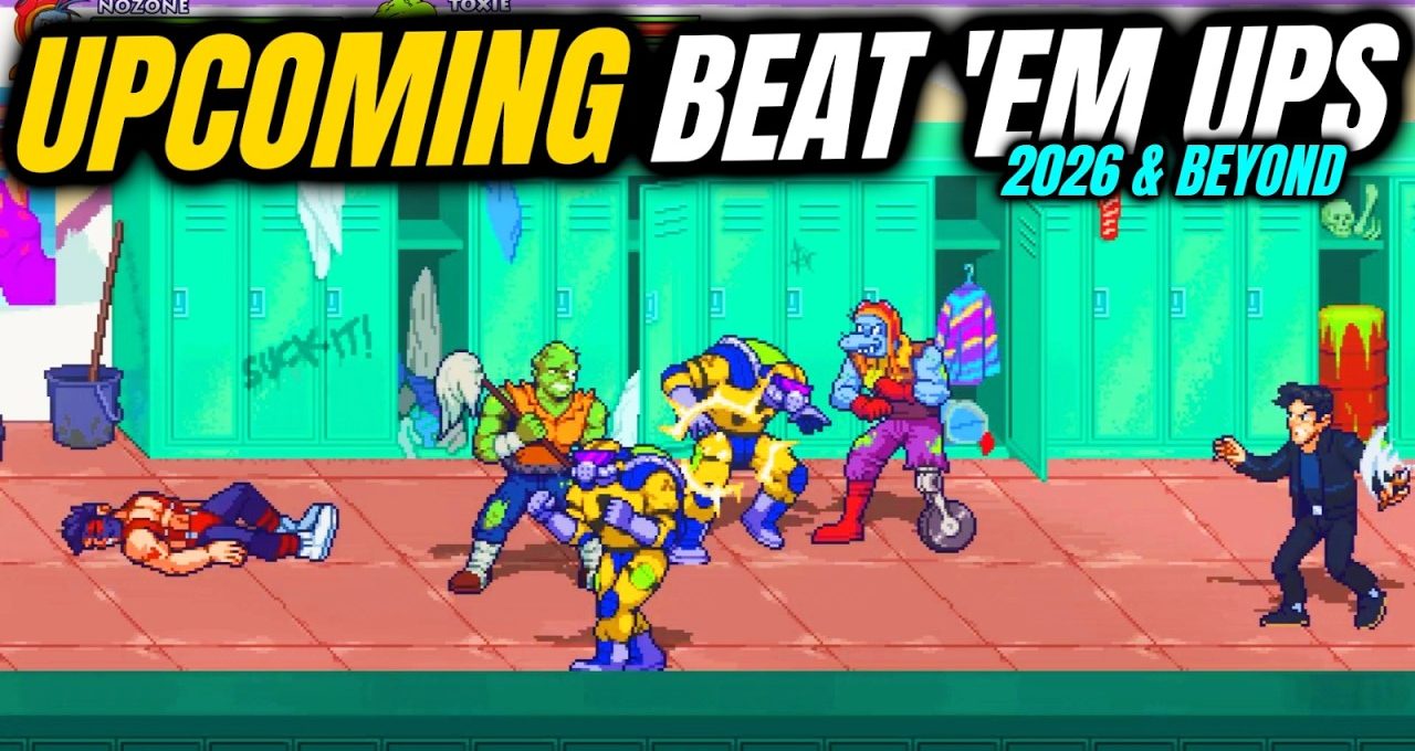 Pixel-art beat 'em up scene showing fighters battling in a school locker hallway.