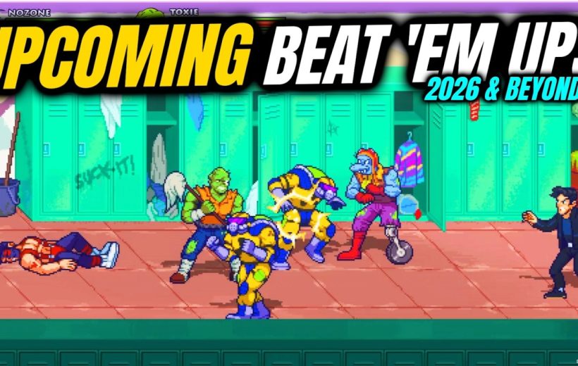 Pixel-art beat 'em up scene showing fighters battling in a school locker hallway.