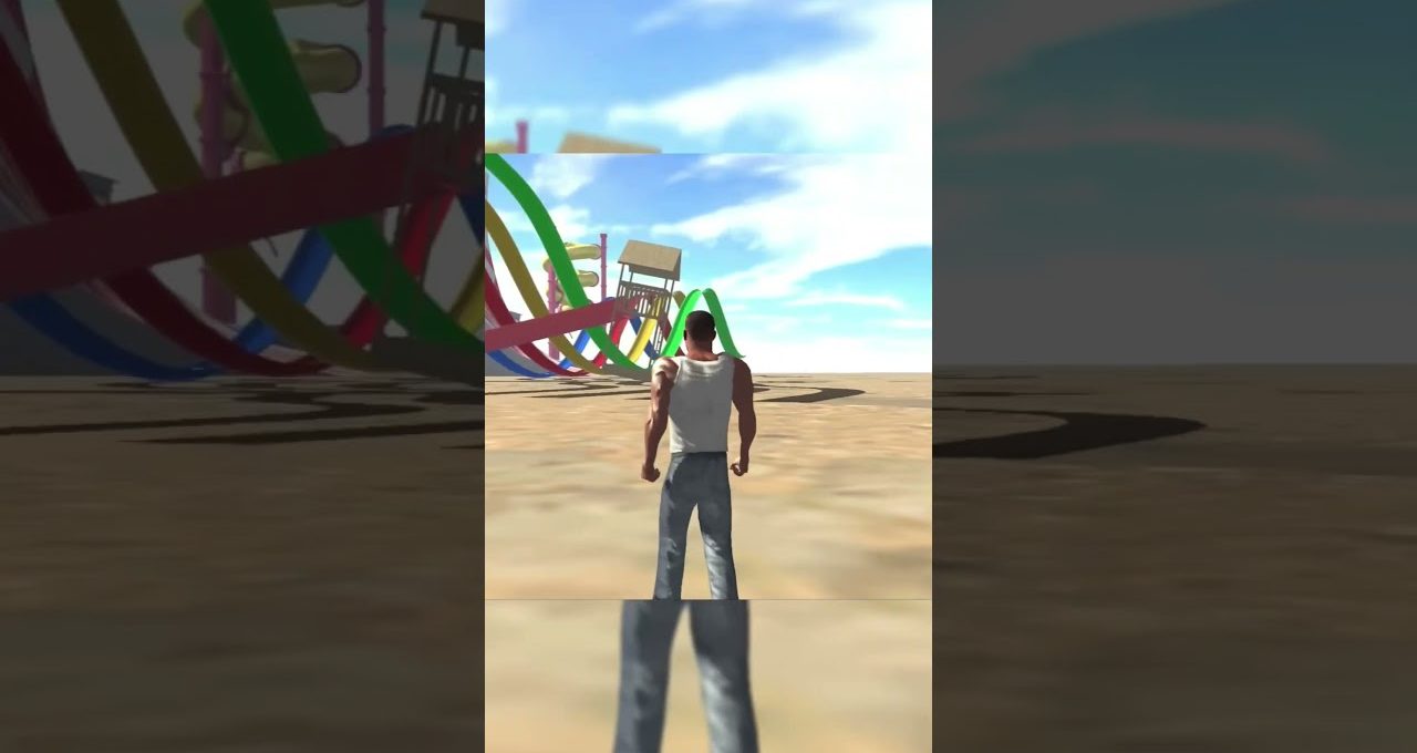 Third-person view of a man standing on a sandy plain facing colorful looping slides.
