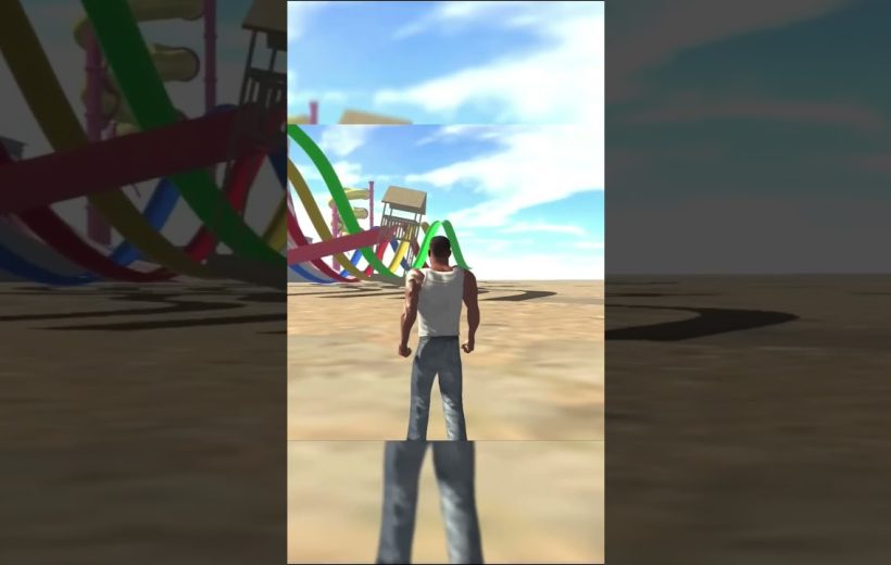 Third-person view of a man standing on a sandy plain facing colorful looping slides.