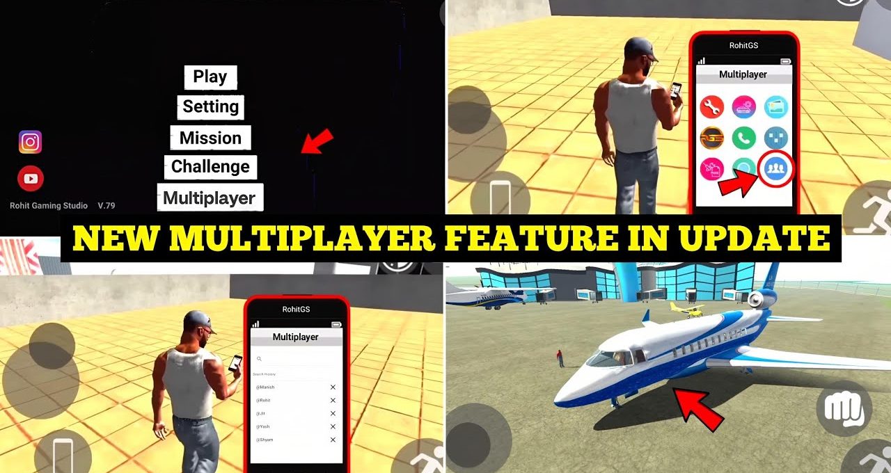 Mobile game screenshots showcasing a new multiplayer feature with characters and a jet.