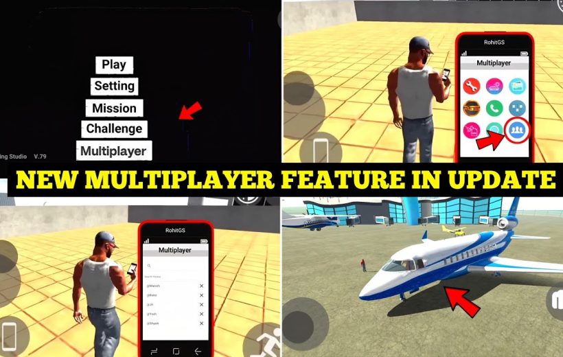 Mobile game screenshots showcasing a new multiplayer feature with characters and a jet.