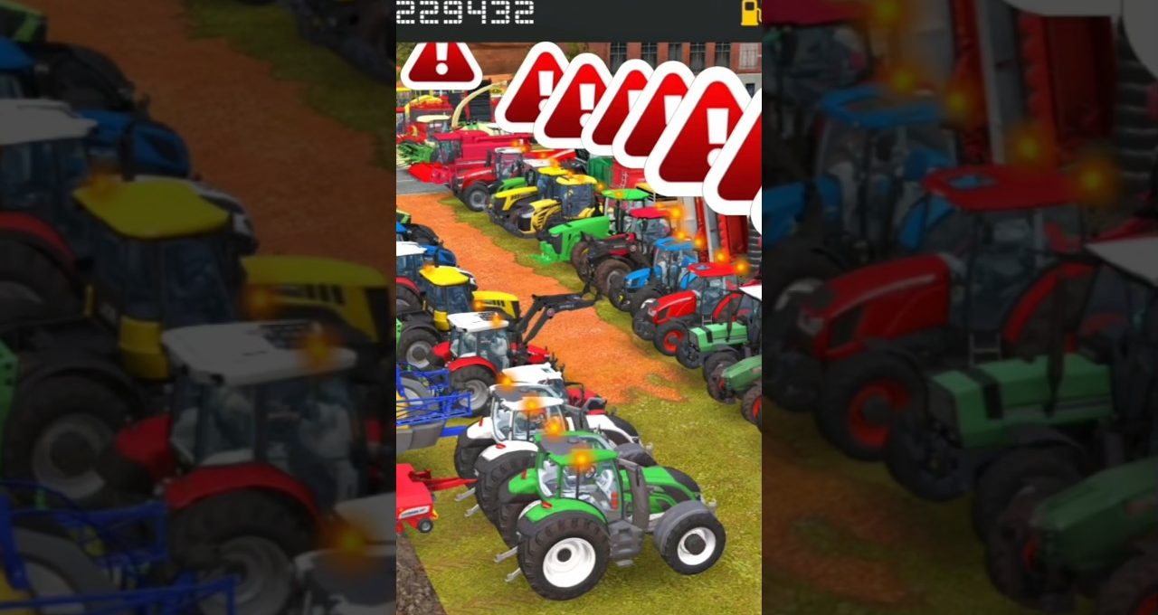 Rows of colorful tractors parked on grass in a crowded farm equipment lot