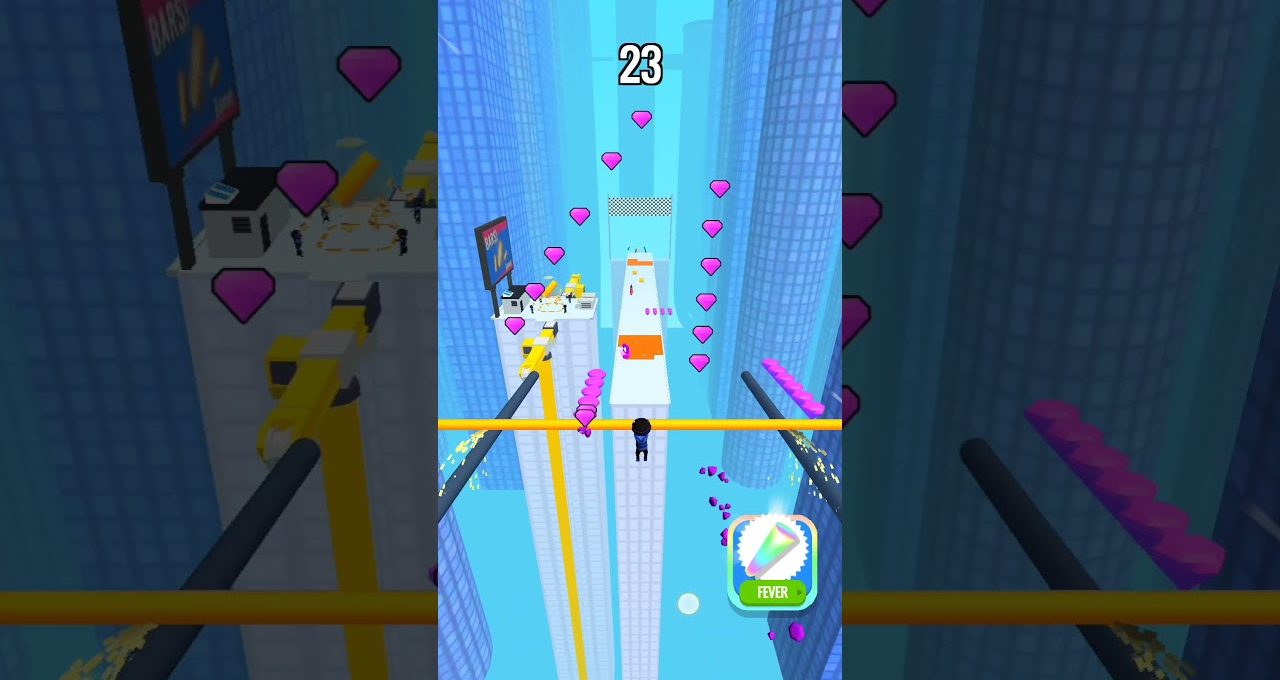 Runner character collecting pink gems while crossing suspended beams between skyscrapers in game