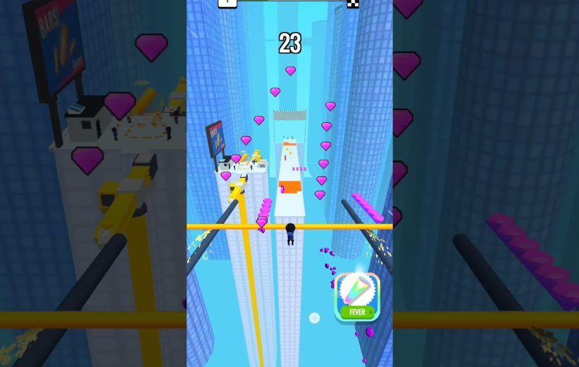 Runner character collecting pink gems while crossing suspended beams between skyscrapers in game