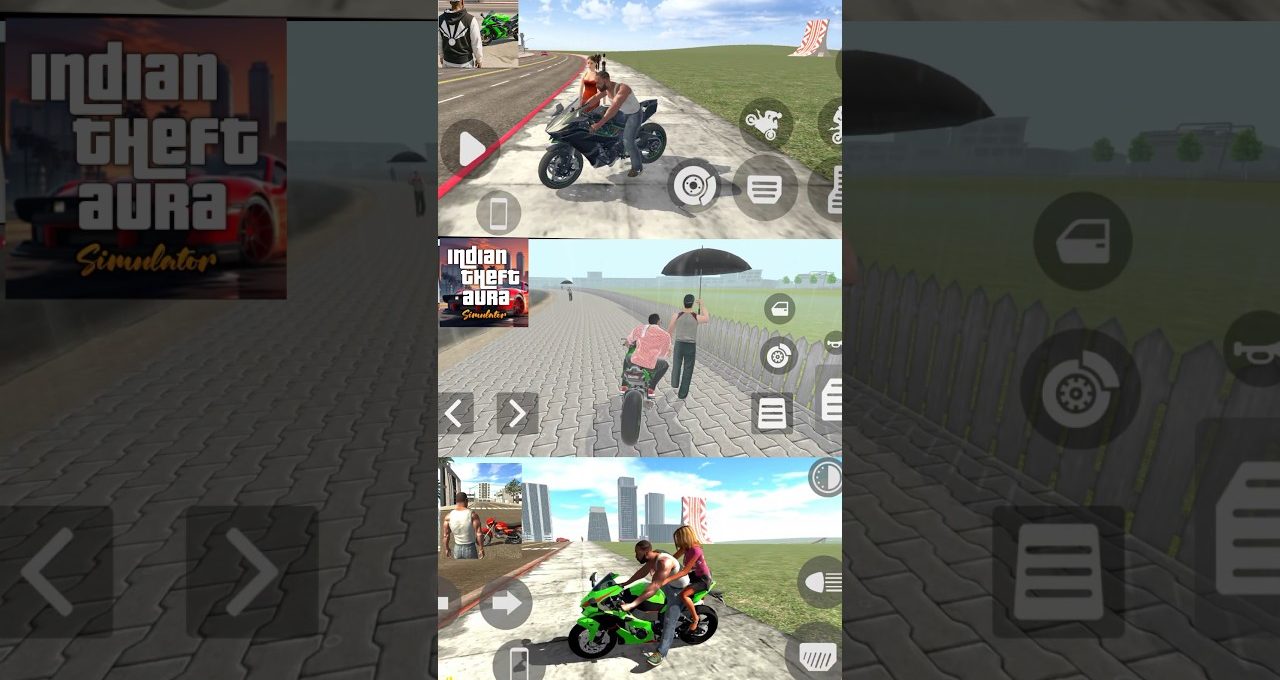 Three mobile game screenshots showing motorcycle riders in urban and open-road environments.