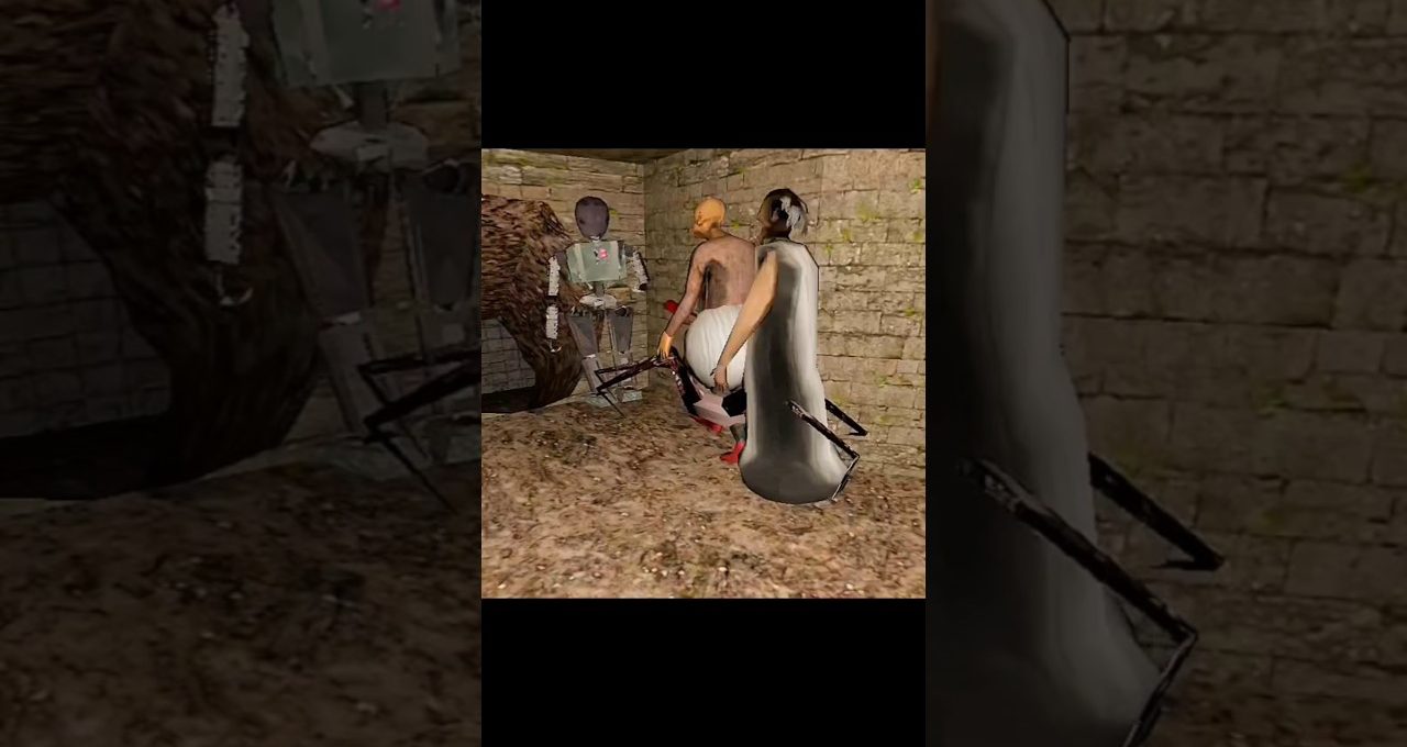 Three surreal humanoid figures in a dim stone room holding blunt weapons and tools