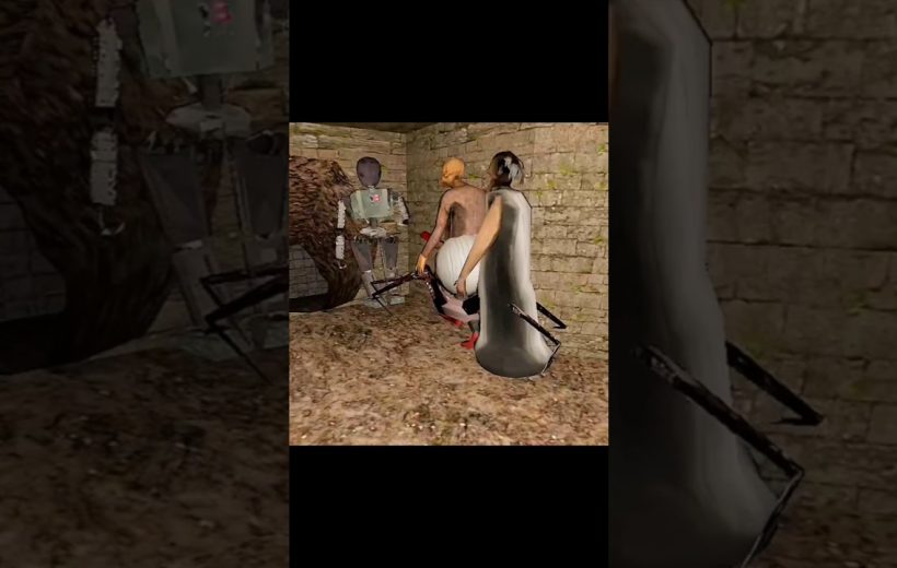 Three surreal humanoid figures in a dim stone room holding blunt weapons and tools