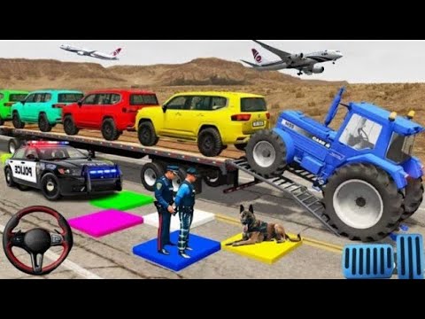 Colorful cars loaded on a trailer, police officers and a tractor at airport runway