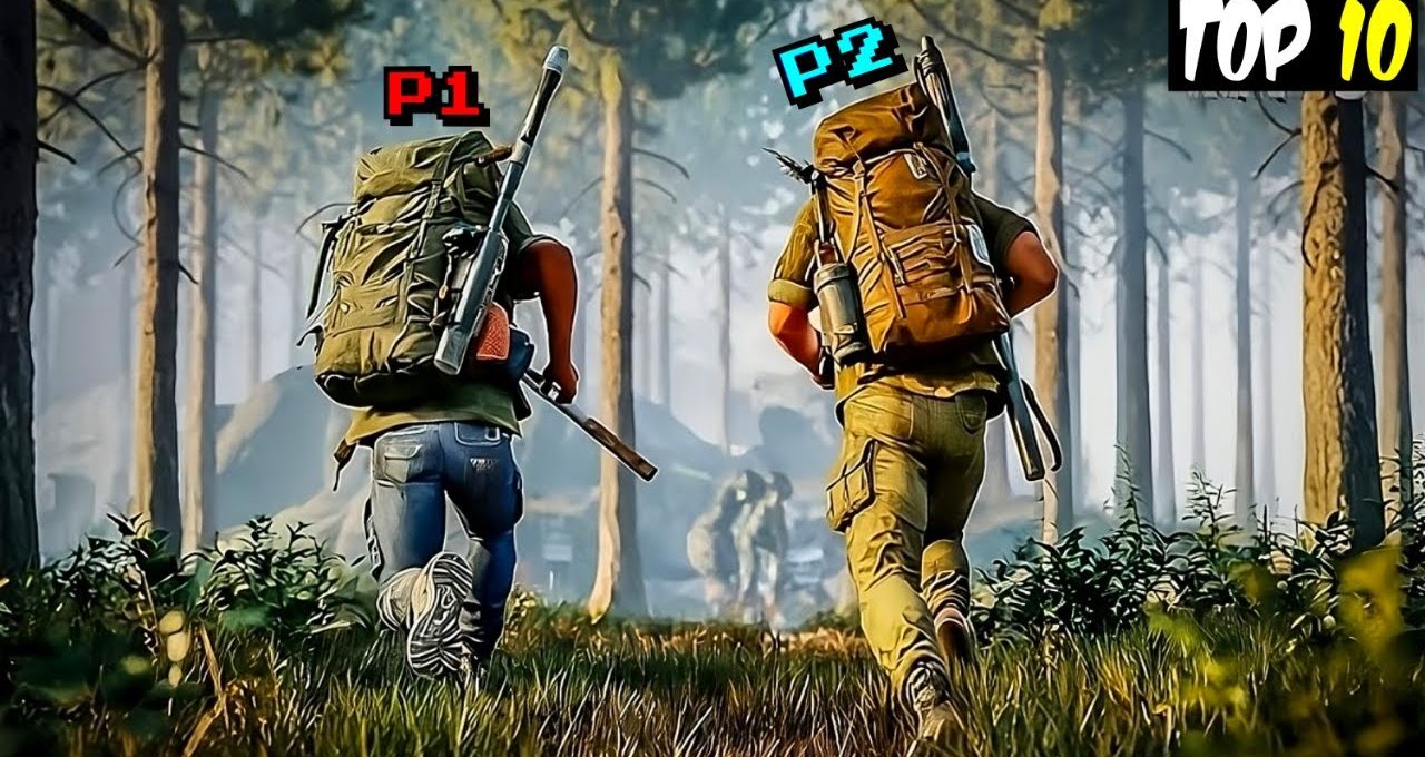 Two backpacked players labeled P1 and P2 running through a misty pine forest