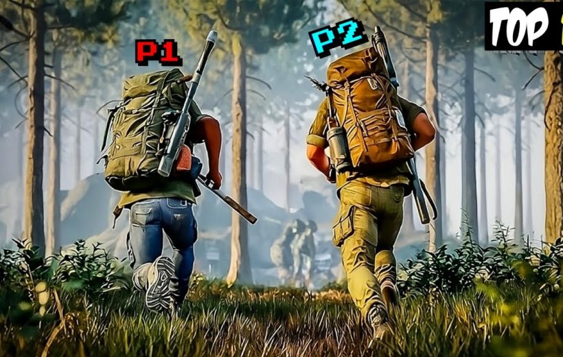 Two backpacked players labeled P1 and P2 running through a misty pine forest