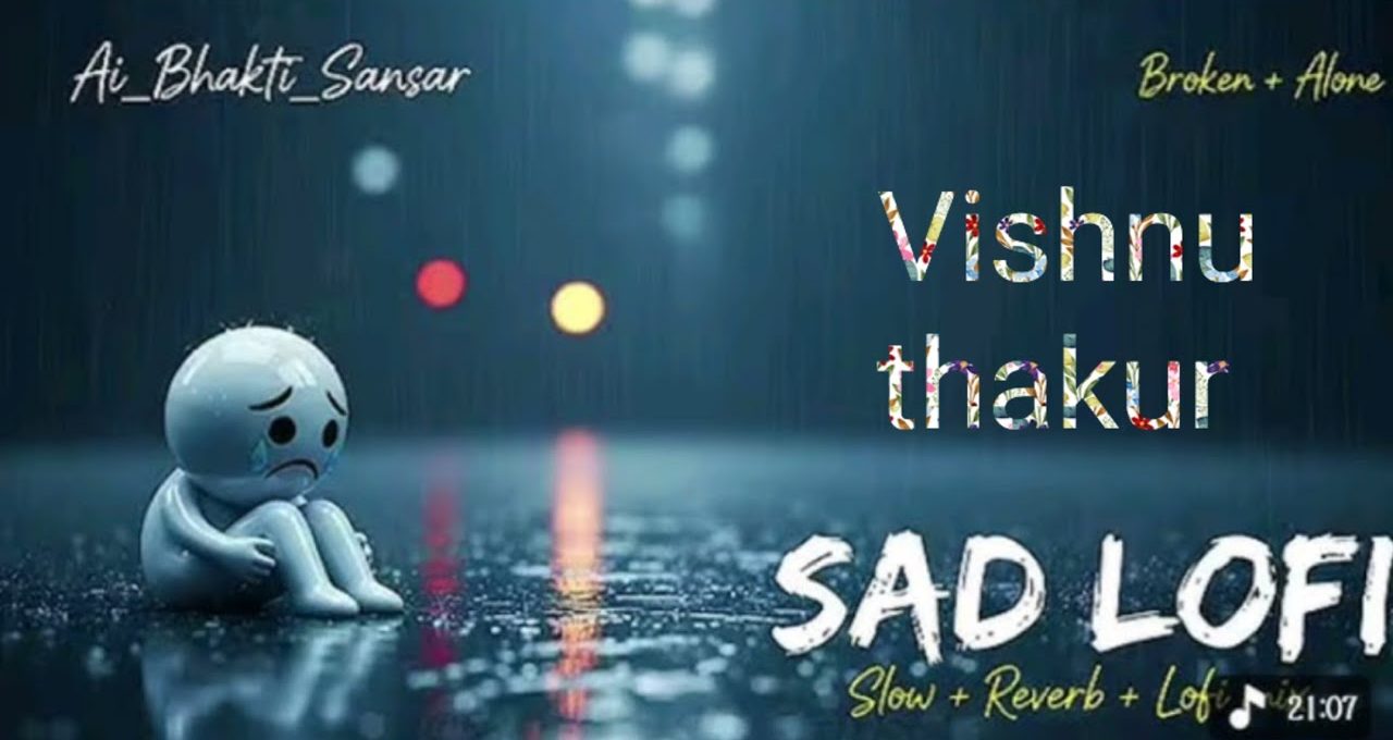 Small crying blue cartoon figure sitting alone on wet street under blurred lights