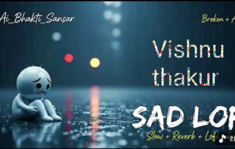 Small crying blue cartoon figure sitting alone on wet street under blurred lights