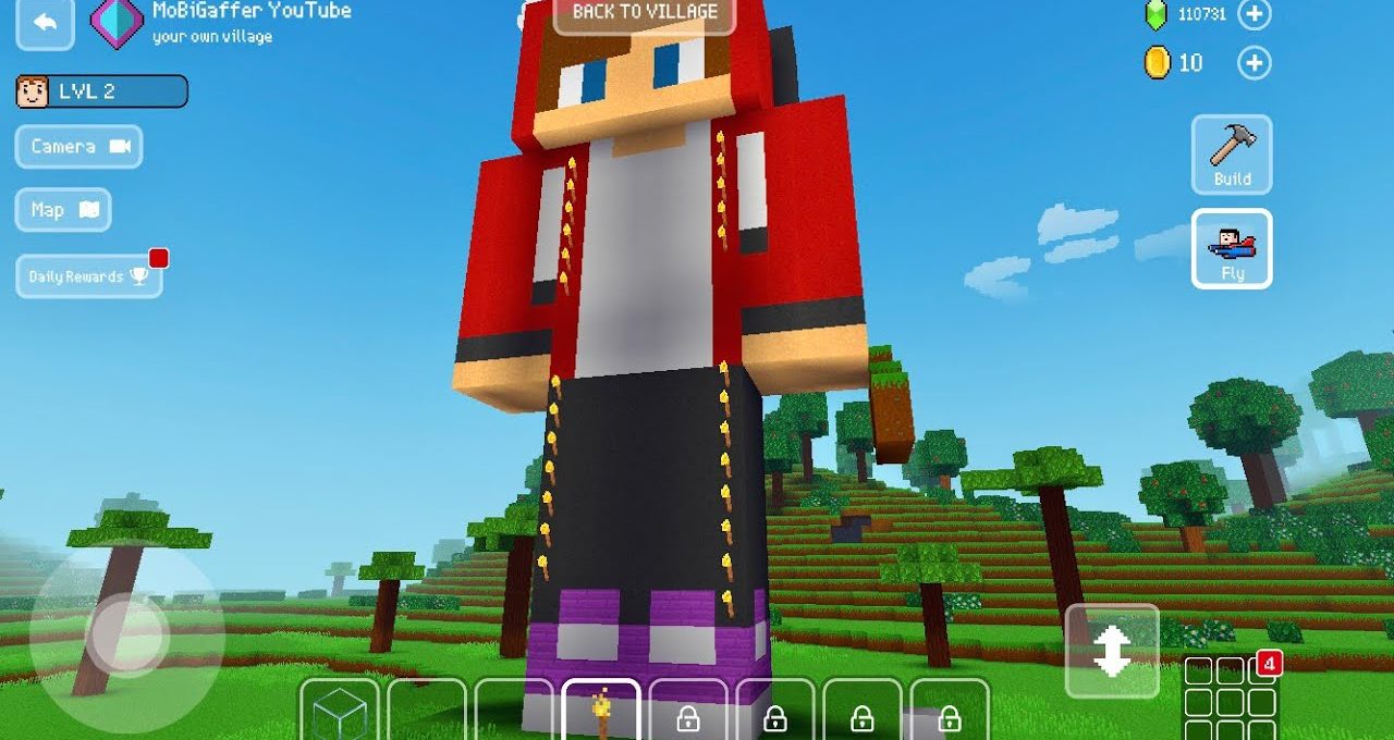 Blocky giant player statue wearing red hoodie and purple shoes in grassy voxel landscape