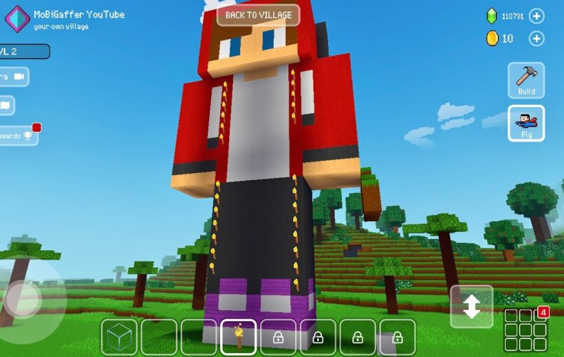 Blocky giant player statue wearing red hoodie and purple shoes in grassy voxel landscape