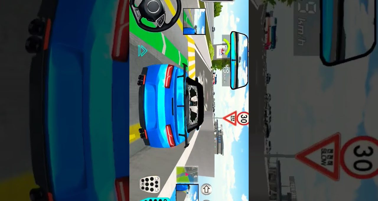 Blue sports car driving on city road in a racing game cockpit view