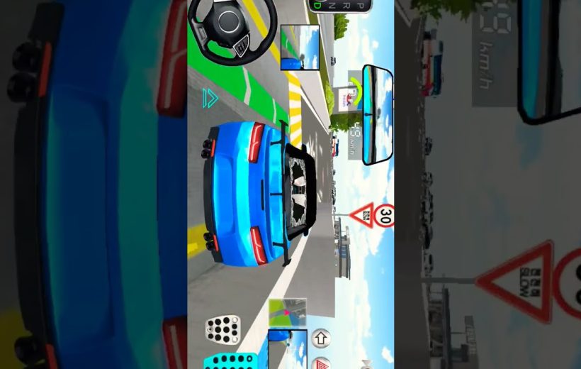 Blue sports car driving on city road in a racing game cockpit view