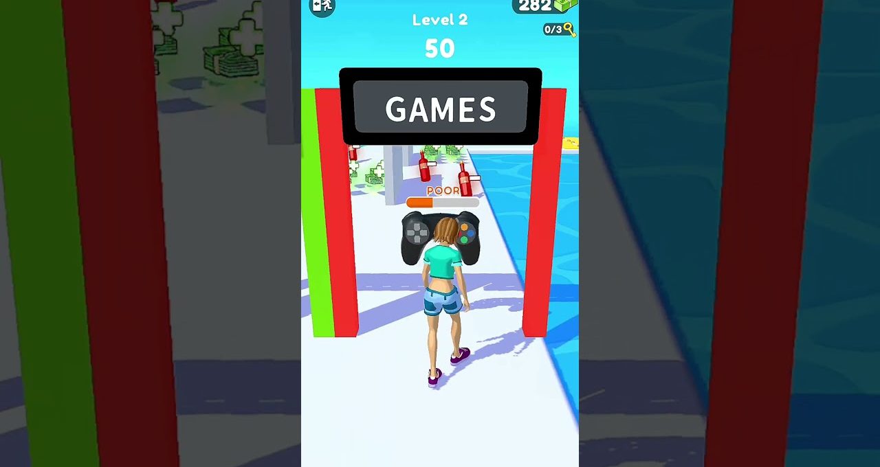 Female game character walking through a red gate labeled "GAMES" in mobile game