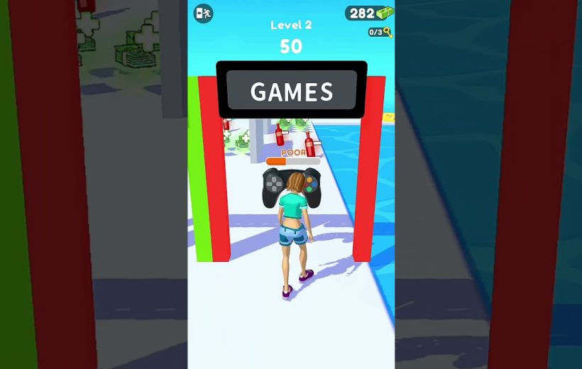 Female game character walking through a red gate labeled "GAMES" in mobile game