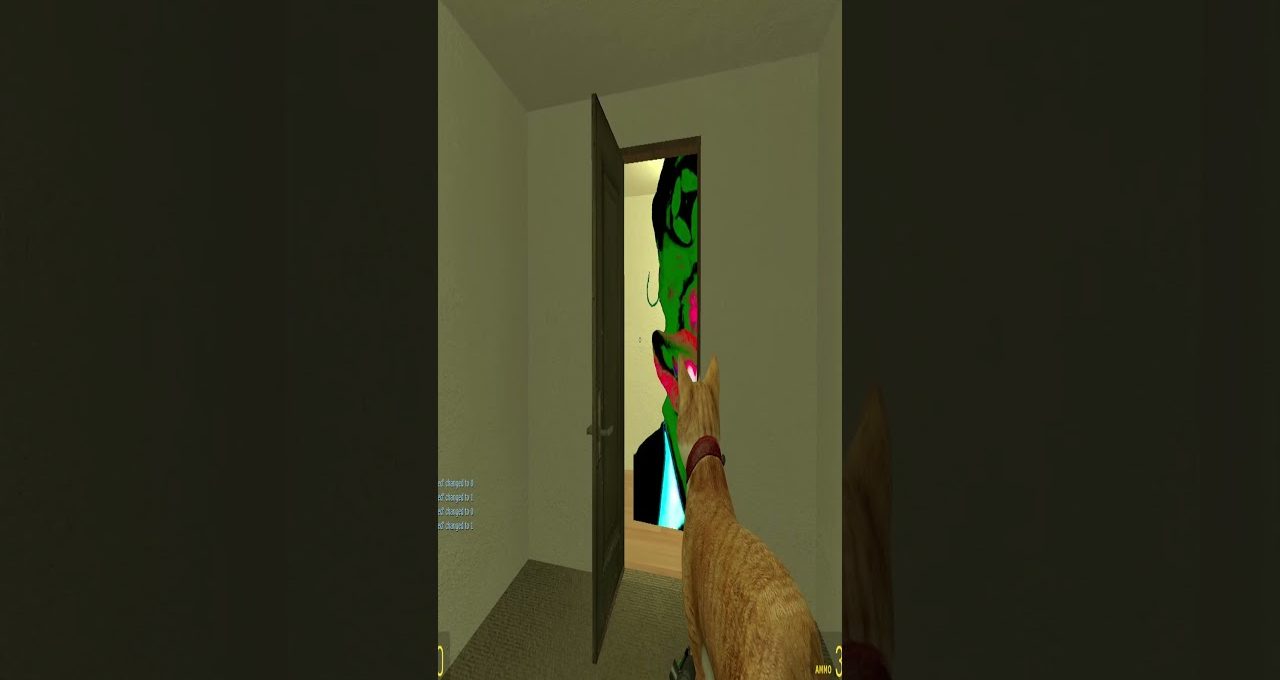 Orange cat wearing collar stands in hallway looking through open door at colorful poster