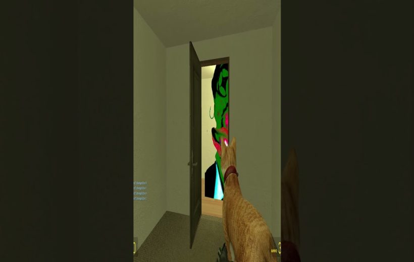 Orange cat wearing collar stands in hallway looking through open door at colorful poster