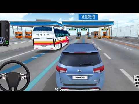 Blue Kia Carnival car approaching toll booths behind a white city tour bus