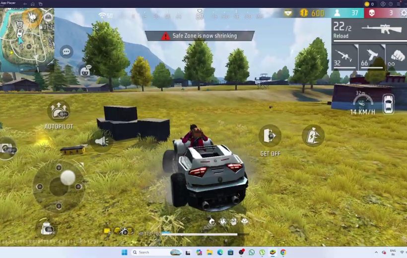 Player driving an off-road vehicle across grassy field in a battle royale game