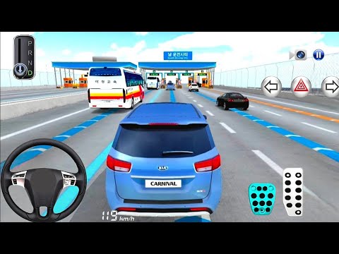 Blue SUV labeled "CARNIVAL" driving toward a toll plaza in a highway driving game