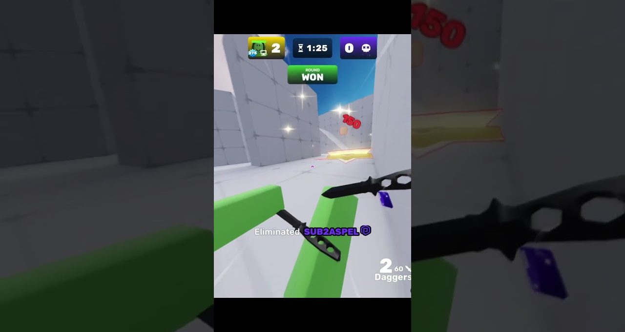 First-person VR game view showing green hands holding daggers and "Round Won" text