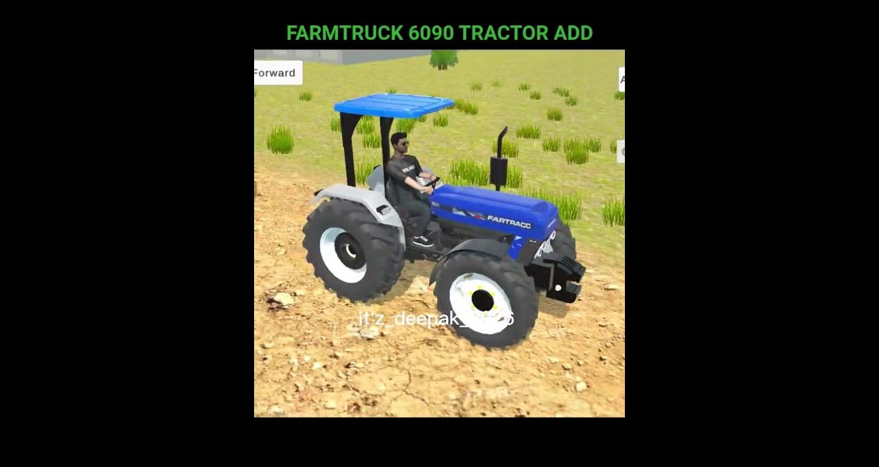 Blue Farmtracc tractor with driver parked on dry field under a small canopy